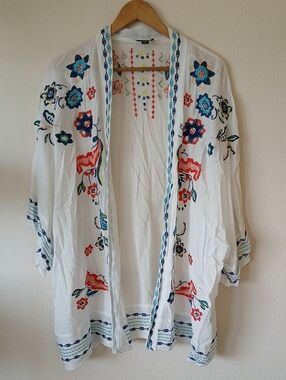 Curation Embroidered Kimono Swim Cover Up White Boho Gauze